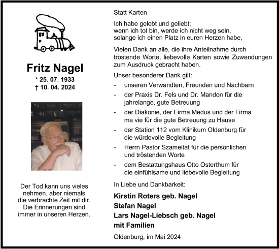 Traueranzeige von Fritz Nagel von Nordwest-Zeitung