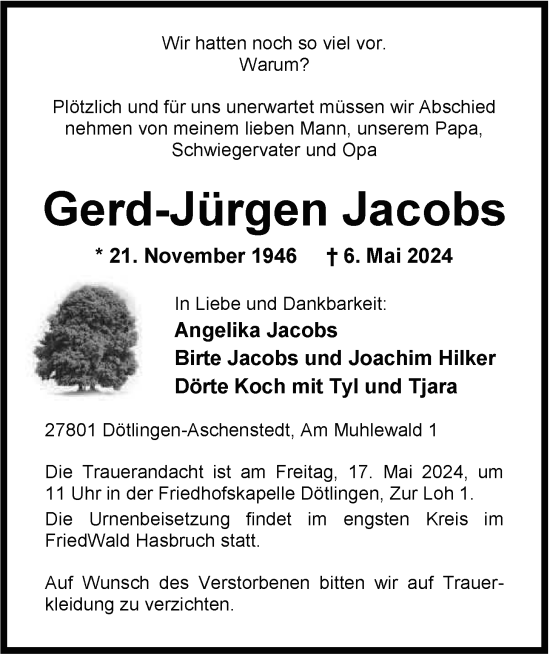 Traueranzeige von Gerd-Jürgen Jacobs von Nordwest-Zeitung
