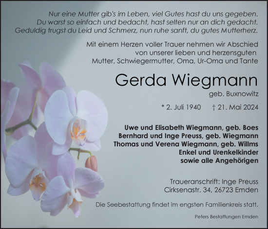 Traueranzeige von Gerda Wiegmann von Emder Zeitung