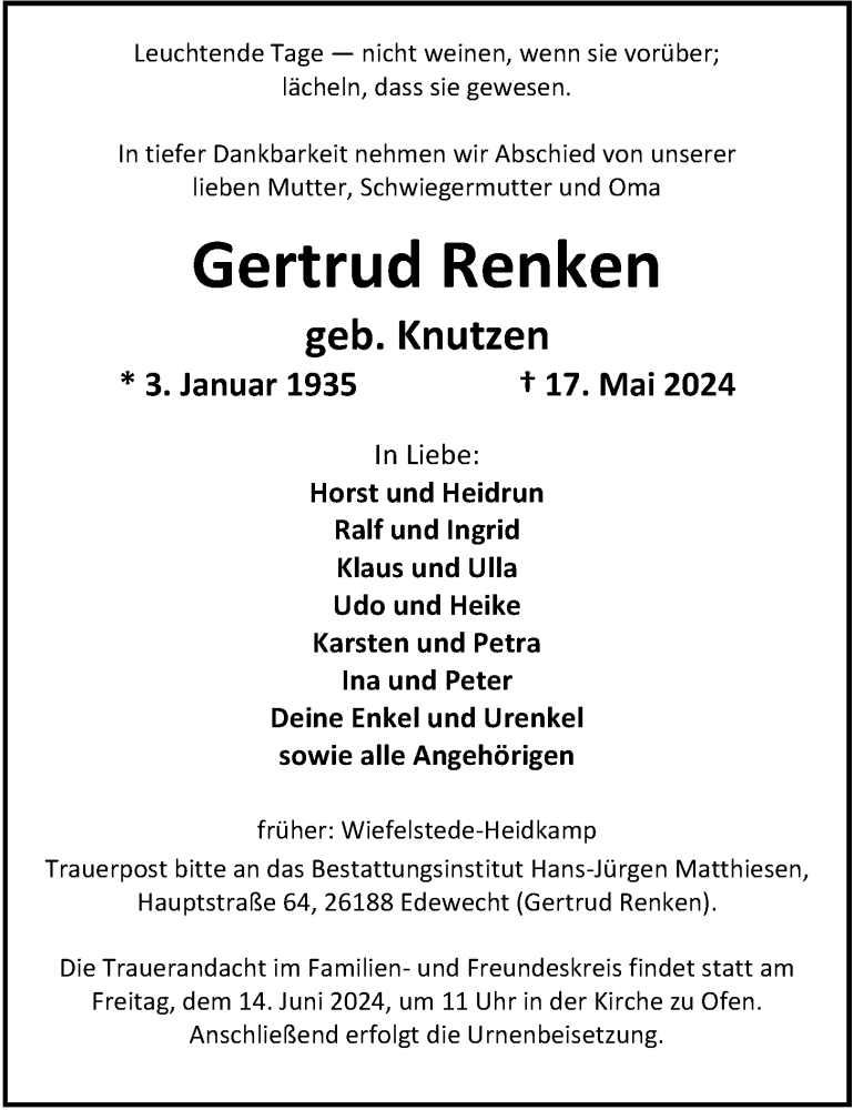  Traueranzeige für Gertrud Renken vom 01.06.2024 aus Nordwest-Zeitung