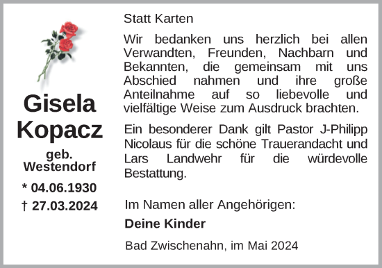 Traueranzeige von Gisela Kopacz von Nordwest-Zeitung