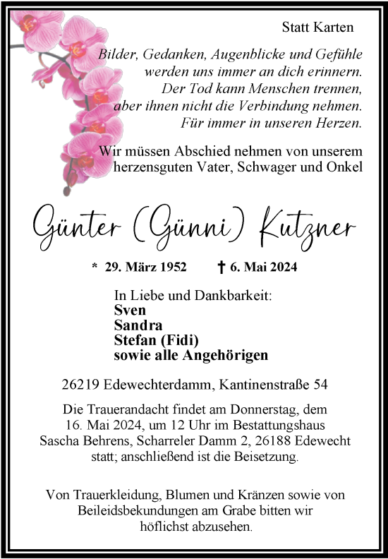 Traueranzeige von Günter Kutzner von Nordwest-Zeitung