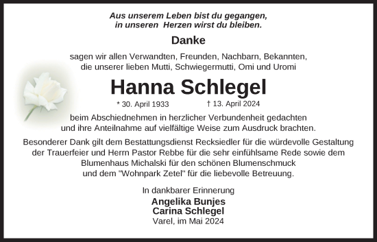 Traueranzeige von Hanna Schlegel von Nordwest-Zeitung