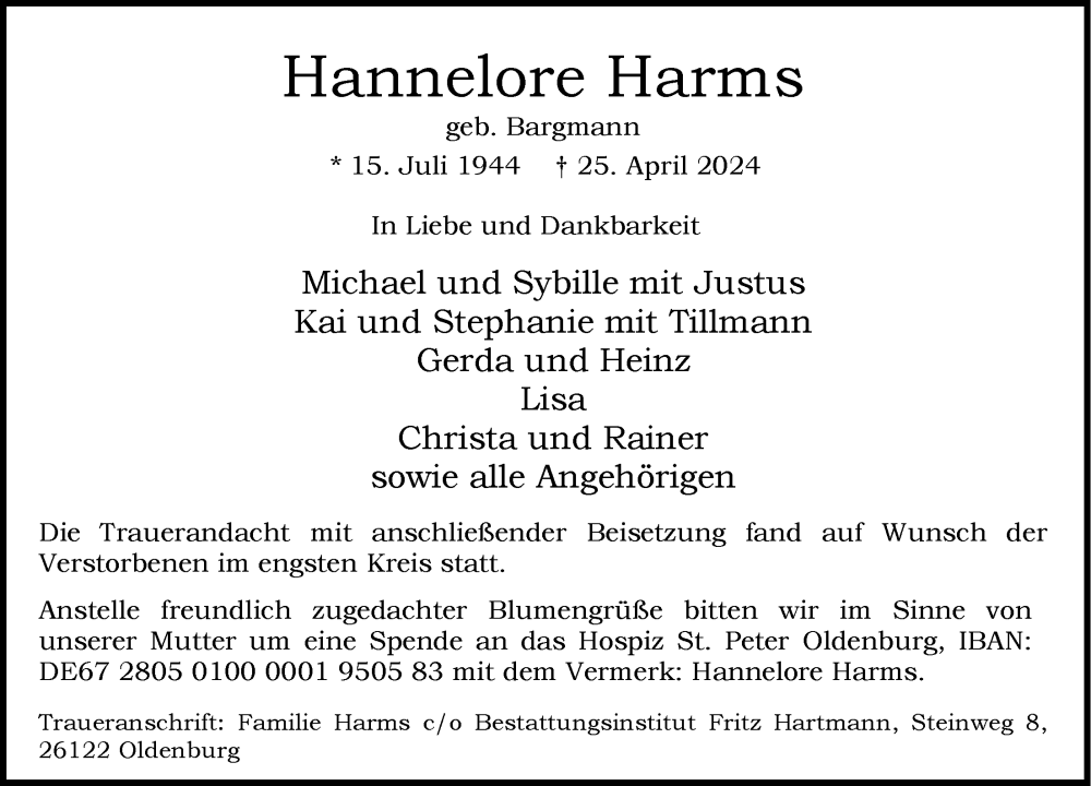  Traueranzeige für Hannelore Harms vom 11.05.2024 aus Nordwest-Zeitung