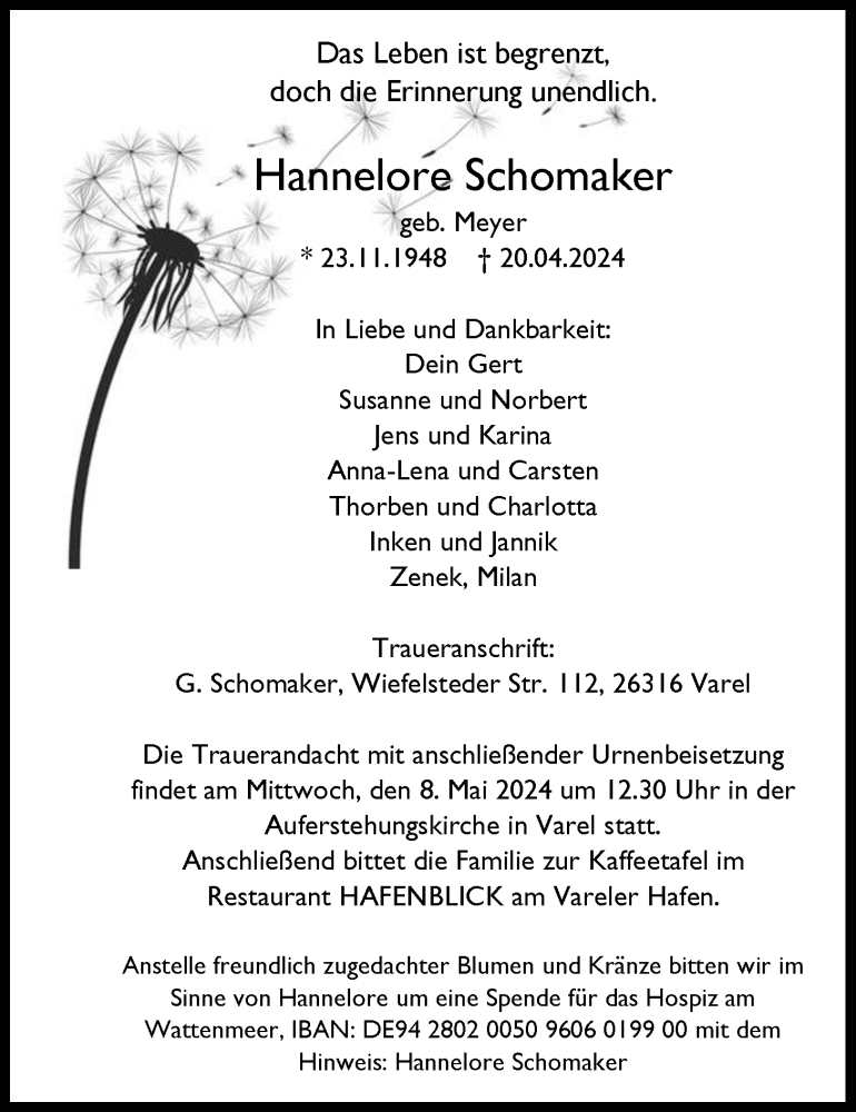  Traueranzeige für Hannelore Schomaker vom 04.05.2024 aus Nordwest-Zeitung