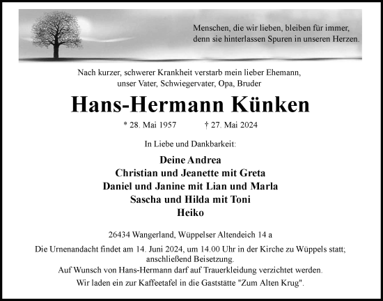Traueranzeige von Hans-Hermann Künken von WZ/JW/AH