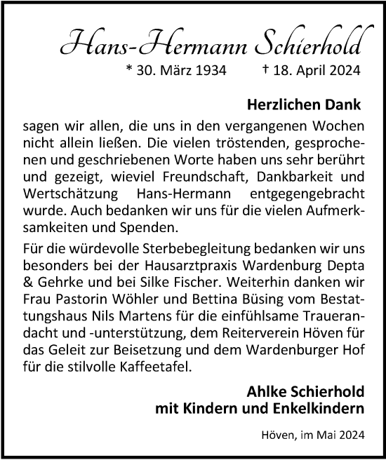 Traueranzeige von Hans-Hermann Schierhold von Nordwest-Zeitung