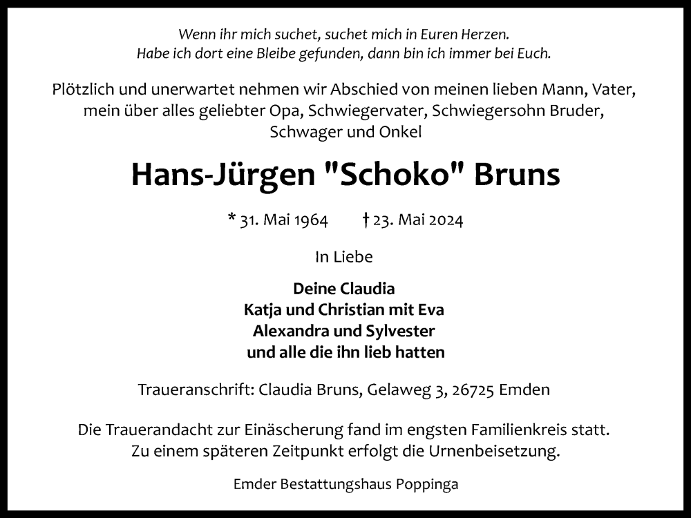  Traueranzeige für Hans Jürgen Bruns vom 01.06.2024 aus Emder Zeitung