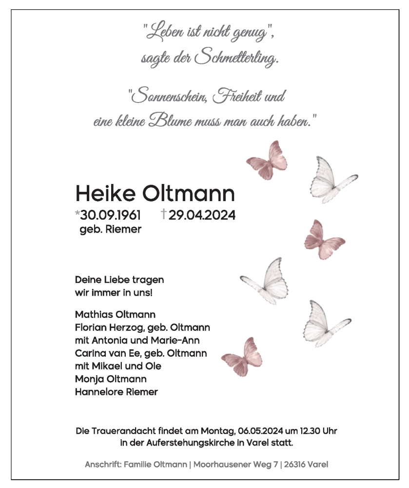  Traueranzeige für Heike Oltmann vom 04.05.2024 aus Nordwest-Zeitung