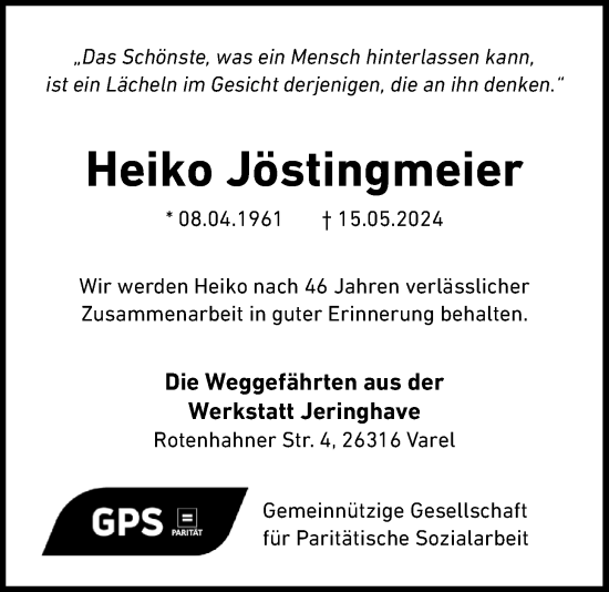 Traueranzeige von Heiko Jöstingmeier von Nordwest-Zeitung