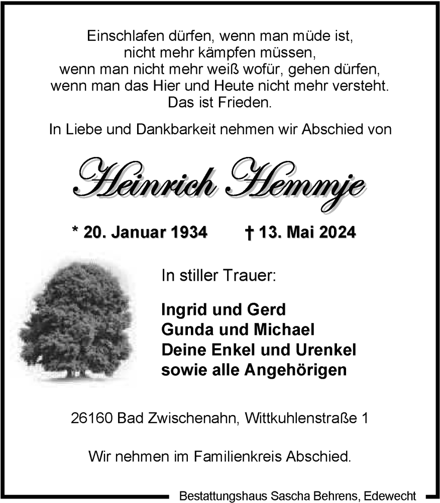  Traueranzeige für Heinrich Hemmje vom 18.05.2024 aus Nordwest-Zeitung