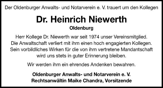 Traueranzeige von Heinrich Niewerth von Nordwest-Zeitung