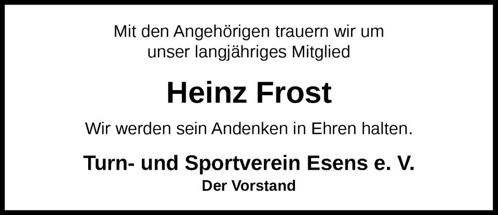  Traueranzeige für Heinz Frost vom 07.05.2024 aus WZ/JW/AH