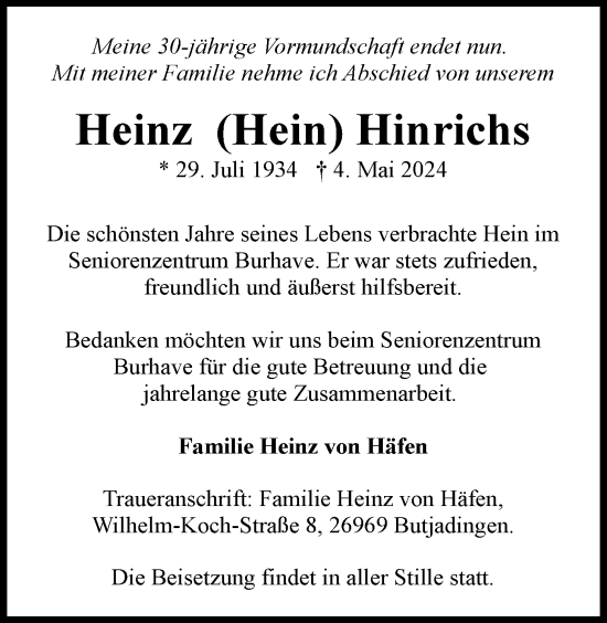 Traueranzeige von Heinz Hinrichs von Nordwest-Zeitung