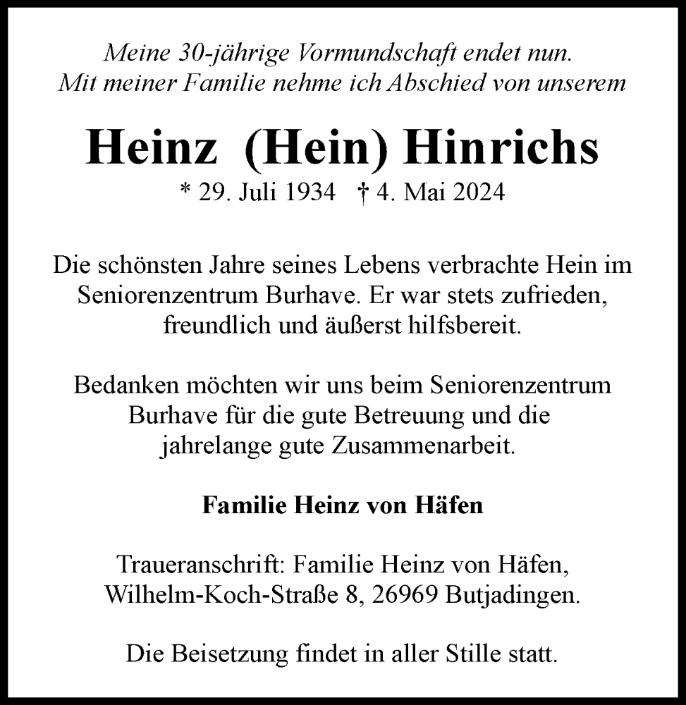  Traueranzeige für Heinz Hinrichs vom 07.05.2024 aus Nordwest-Zeitung