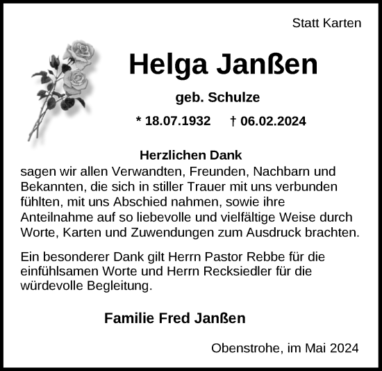 Traueranzeige von Helga Janßen von Nordwest-Zeitung