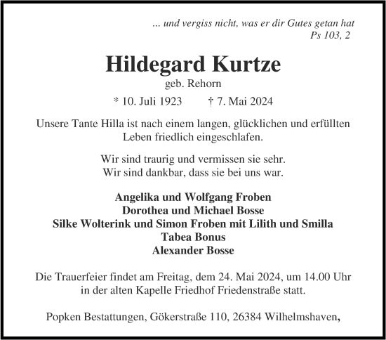 Traueranzeige von Hildegard Kurtze von WZ/JW/AH