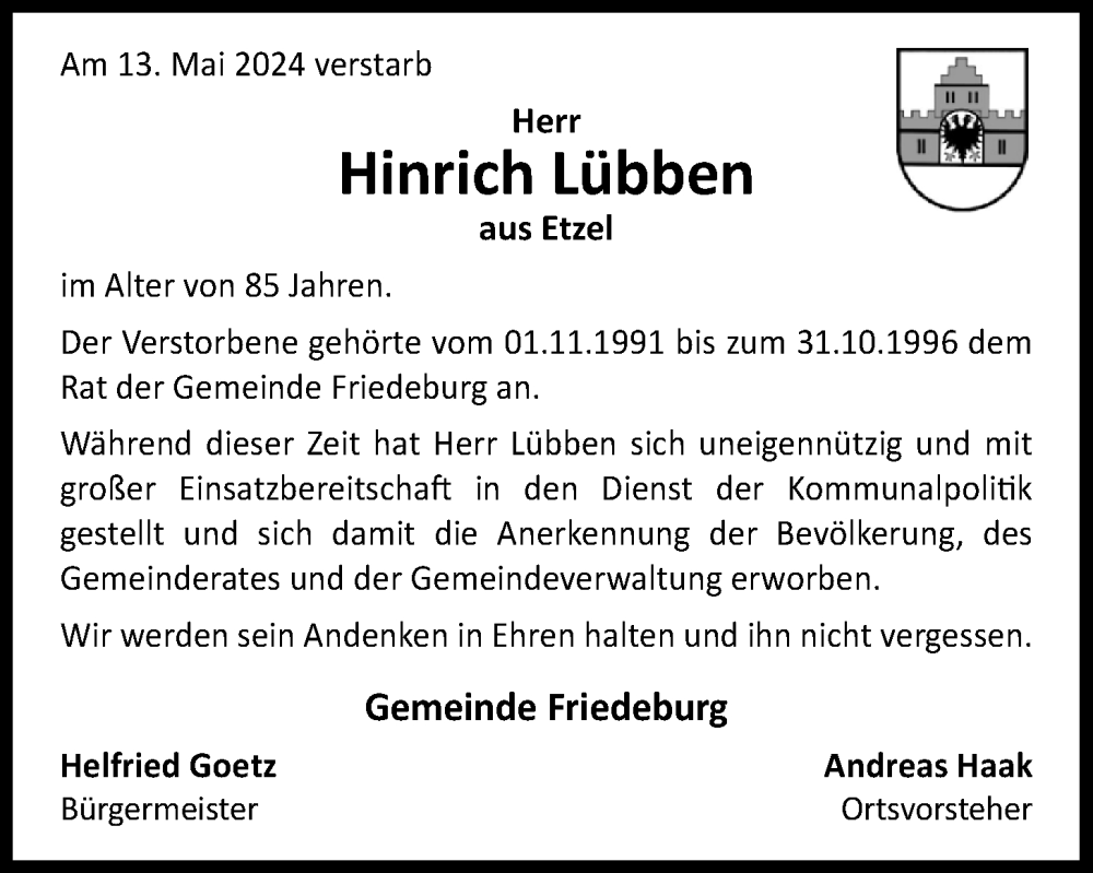  Traueranzeige für Hinrich Lübben vom 16.05.2024 aus WZ/JW/AH