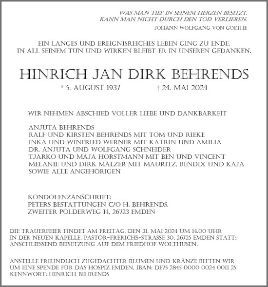 Traueranzeige von Hinrich Jan Dirk Behrends von Emder Zeitung