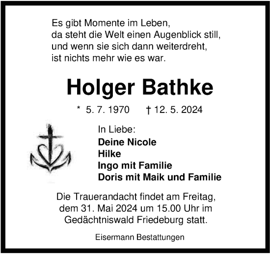 Traueranzeige von Holger Bathke von WZ/JW/AH