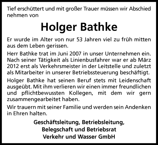 Traueranzeige von Holger Bathke von WZ/JW/AH