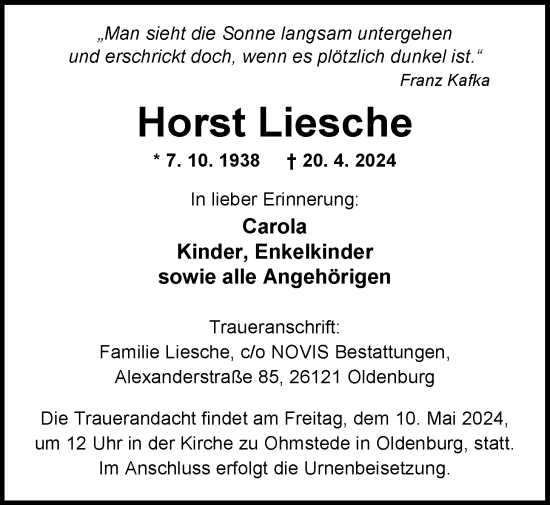 Traueranzeige von Horst Liesche von Nordwest-Zeitung