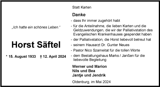 Traueranzeige von Horst Säftel von Nordwest-Zeitung