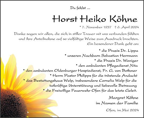 Traueranzeige von Horst Heiko Köhne von Nordwest-Zeitung