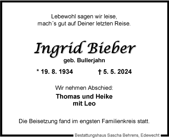 Traueranzeige von Ingrid Bieber von Nordwest-Zeitung