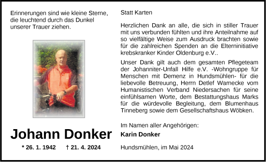 Traueranzeige von Johann Donker von Nordwest-Zeitung