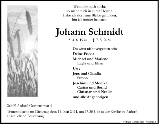 Traueranzeige von Johann Schmidt von WZ/JW/AH
