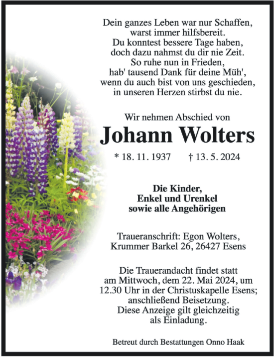 Traueranzeige von Johann Wolters von WZ/JW/AH