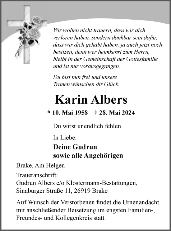 Traueranzeige von Karin Albers von Nordwest-Zeitung