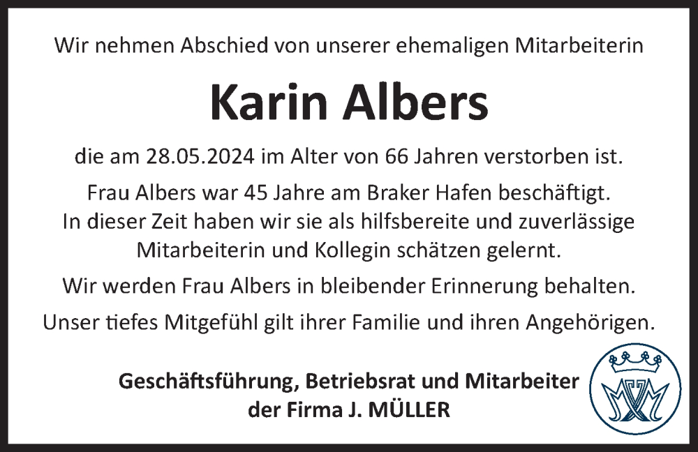  Traueranzeige für Karin Albers vom 01.06.2024 aus Nordwest-Zeitung