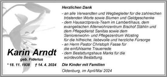 Traueranzeige von Karin Arndt von Nordwest-Zeitung