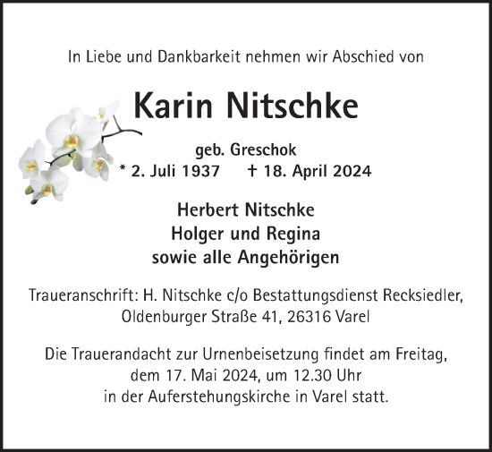 Traueranzeige von Karin Nitschke von Nordwest-Zeitung