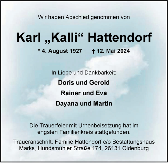 Traueranzeige von Karl Hattendorf von Nordwest-Zeitung