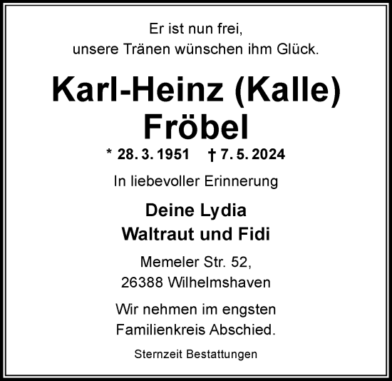 Traueranzeige von Karl-Heinz Fröbel von WZ/JW/AH