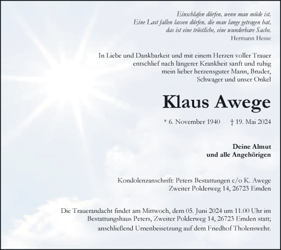 Traueranzeige von Klaus Awege von Emder Zeitung