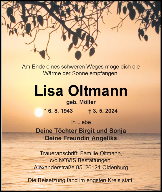 Traueranzeige von Lisa Oltmann von Nordwest-Zeitung