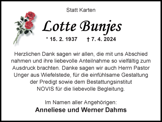 Traueranzeige von Lotte Bunjes von Nordwest-Zeitung