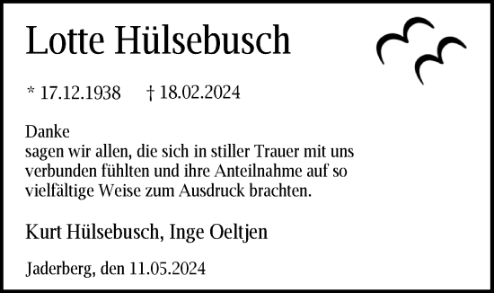 Traueranzeige von Lotte Hülsebusch von Nordwest-Zeitung