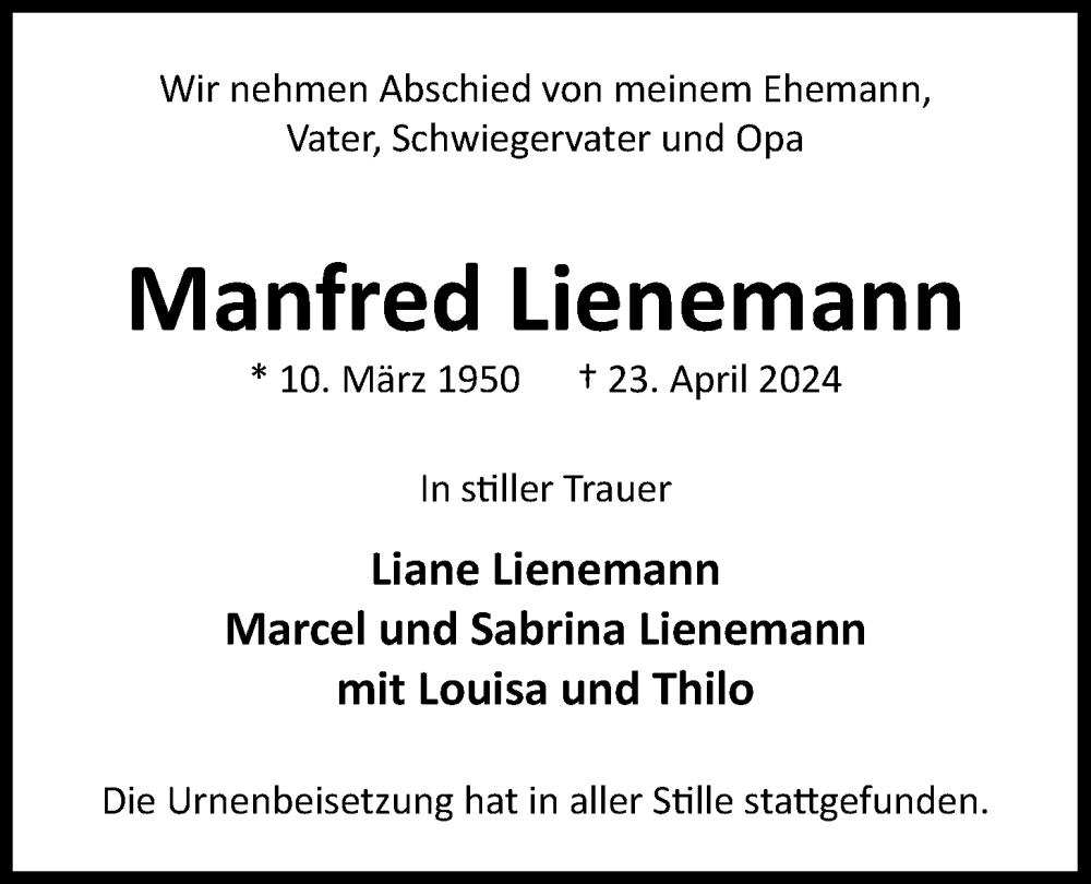  Traueranzeige für Manfred Lienemann vom 10.05.2024 aus Nordwest-Zeitung