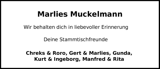 Traueranzeige von Marlies Muckelmann von Nordwest-Zeitung