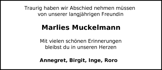Traueranzeige von Marlies Muckelmann von Nordwest-Zeitung