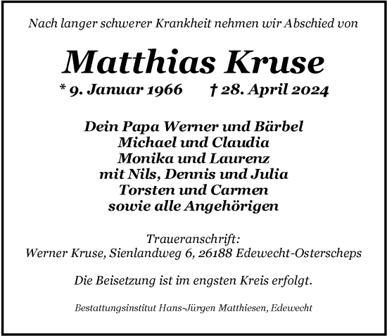 Traueranzeige von Matthias Kruse von Nordwest-Zeitung