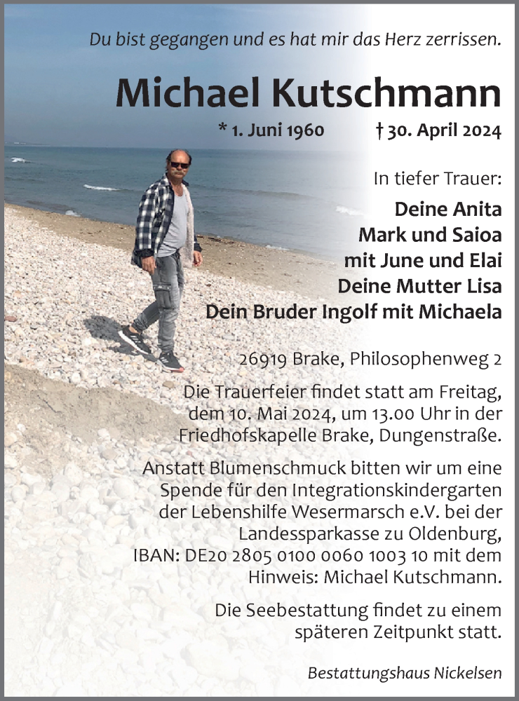  Traueranzeige für Michael Kutschmann vom 07.05.2024 aus Nordwest-Zeitung