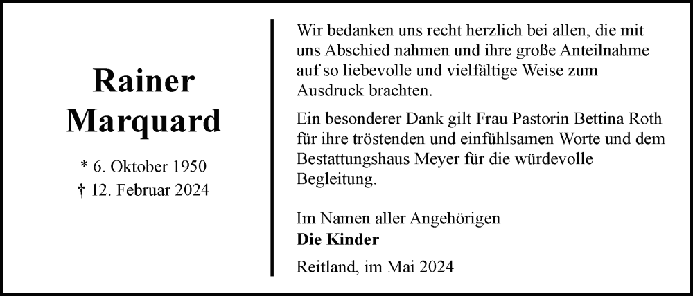  Traueranzeige für Rainer Marquard vom 04.05.2024 aus Nordwest-Zeitung