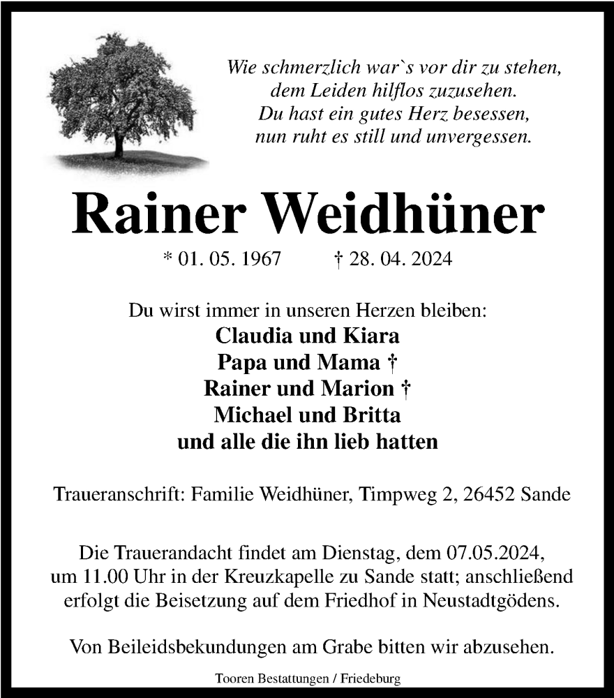  Traueranzeige für Rainer Weidhüner vom 03.05.2024 aus Nordwest-Zeitung