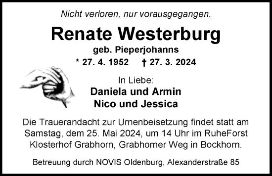 Traueranzeige von Renate Westerburg von Nordwest-Zeitung